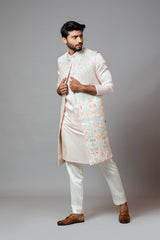 Multicolour Embroidered Long Nehru With Kurta And Pant Pyjama Set