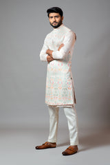 Multicolour Embroidered Long Nehru With Kurta And Pant Pyjama Set