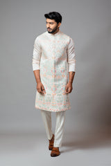 Multicolour Embroidered Long Nehru With Kurta And Pant Pyjama Set