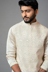 Cream Kora fully Embroidered Nehru Paired With Drape Kurta And Pant Pajama Set