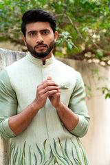Mint Green Bandi Jacket with Stitchlines and leaf pattern embroidery