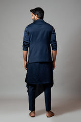 Navy blue Nehru jacket with Honeycomb pattern embroidery highlighted with panel detailing.