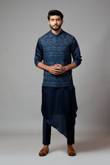 Navy Blue Kora Nehru Jacket with Mughal Inspired Embroidery.