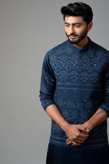 Navy Blue Kora Nehru Jacket with Mughal Inspired Embroidery.