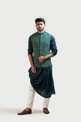 Green Silk Draped Kurta Set with a Moss Green Embroidered Nehru