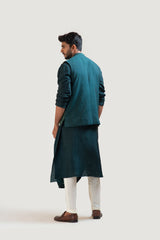 Green Silk Draped Kurta Set with a Moss Green Embroidered Nehru