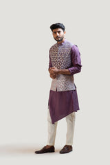 Plum Asymmetrical Kurta Set with a Lavender Ombre Rexin Applique Nehru