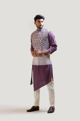 Plum Asymmetrical Kurta Set with a Lavender Ombre Rexin Applique Nehru