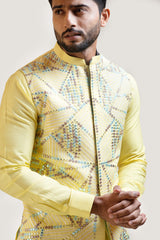 Yellow Silk Kurta Set with a Mirror work Nehru