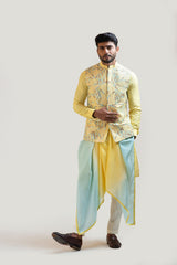 Yellow Silk Kurta with a Mirror Nehru & a Detachable Stole Drape