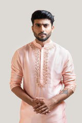 Peach Hand Embroidered Silk Kurta Set