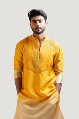 Yellow Ombre Embroidered Kurta Set with Pintucks Yoke