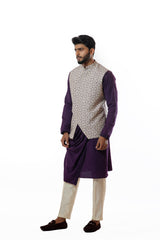 Printed nehru jacket with draped kurta set