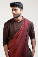 Brown Embroidered Khadi Kurta Set with a Detachable Ombre Draped Stole