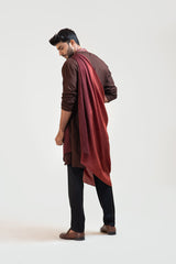 Brown Embroidered Khadi Kurta Set with a Detachable Ombre Draped Stole