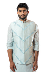 Ice blue embellished nehru jacket