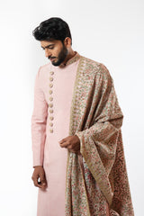 Onion Pink embellished sherwani with heavy embroidered dupatta and plain kurta set