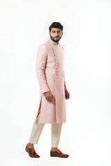 Onion Pink embellished sherwani with heavy embroidered dupatta and plain kurta set