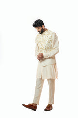 Soft Cream Nehru jacket and kurta set with hand embroidery.