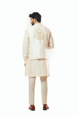 Soft Cream Nehru jacket and kurta set with hand embroidery.