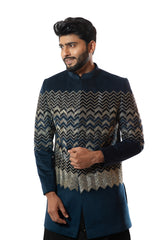 Deep blue velvet heavily embroidered bandhgala