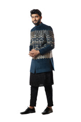 Deep blue heavy embroidered Bandhgala with blak kurta set