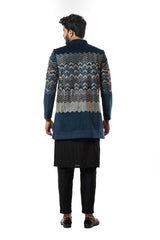 Deep blue heavy embroidered Bandhgala with blak kurta set