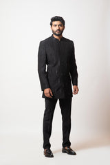 Black pintuck embellished bandhgala set