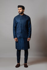 Navy blue pintucks nehru and kurta set with tonal pipe work
