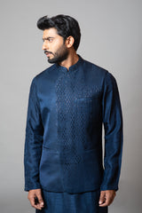 Navy blue pintucks nehru and kurta set with tonal pipe work