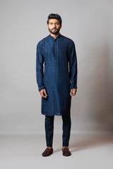 Navy blue embellished pin tucks kurta set