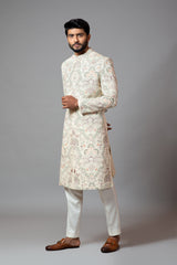 Multicolour Jaal Work Sherwani with Pant Pajama Set