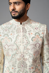Multicolour Jaal Work Sherwani with Pant Pajama Set