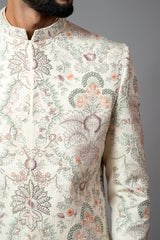 Multicolour Jaal Work Sherwani with Pant Pajama Set