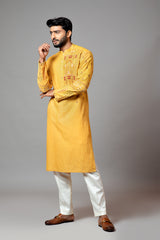 Mustard With Red Flower Embroidered Kurta And Pant Pajama Set