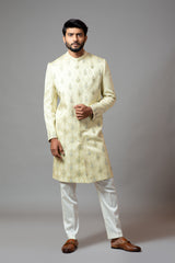 Self textured embroidered sherwani set