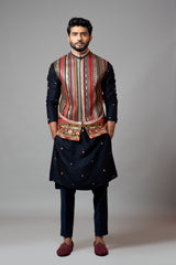 Multicolour Chikankari Nehru with Bullion Rose Embroidered kurta Set