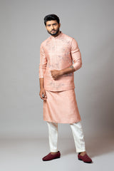 Onion pink Nehru jacket and kurta set with hand embroidery Set