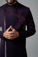 Achkan with Velvet Detailing and Rose Embroidery Set