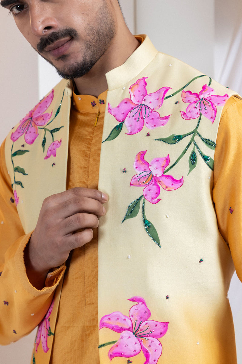 Etch Line Kurta With Blosson Nehru Jacket