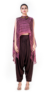 Marble Dyed High Low Cape Crop Top with Brown Harrem Pant