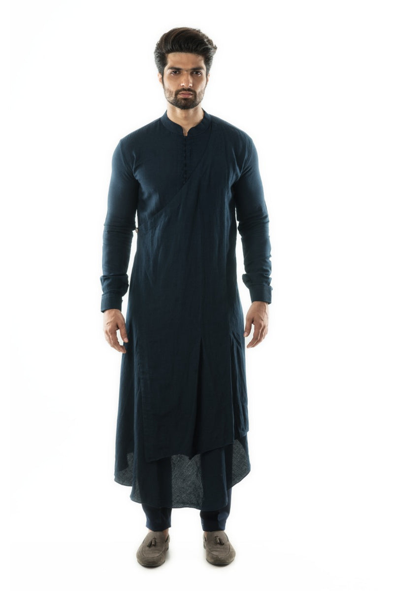 Navy Blue Sufi Style Layered Kurta paired with paired with a Navy Pant Pajama
