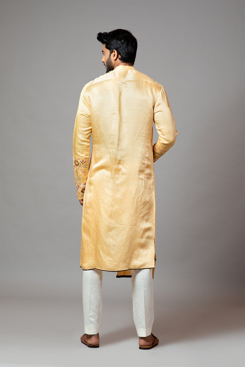 Assymetric Double Panel Kurta With Embroidered Sleeve And Pant Pajama Set
