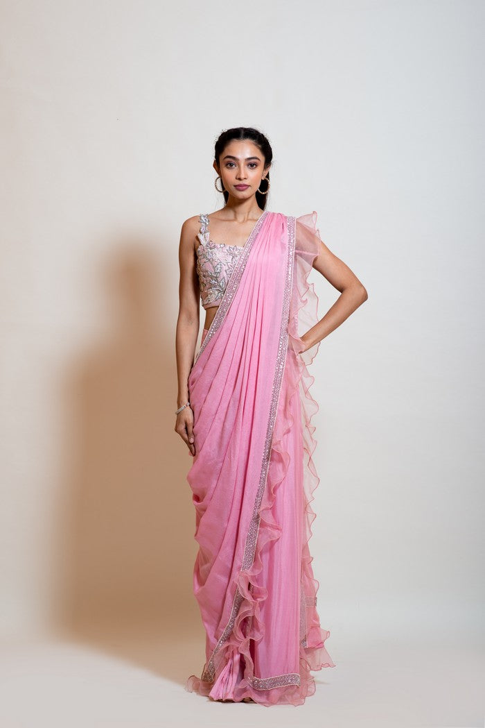 Blush Pink Drape Saree Set