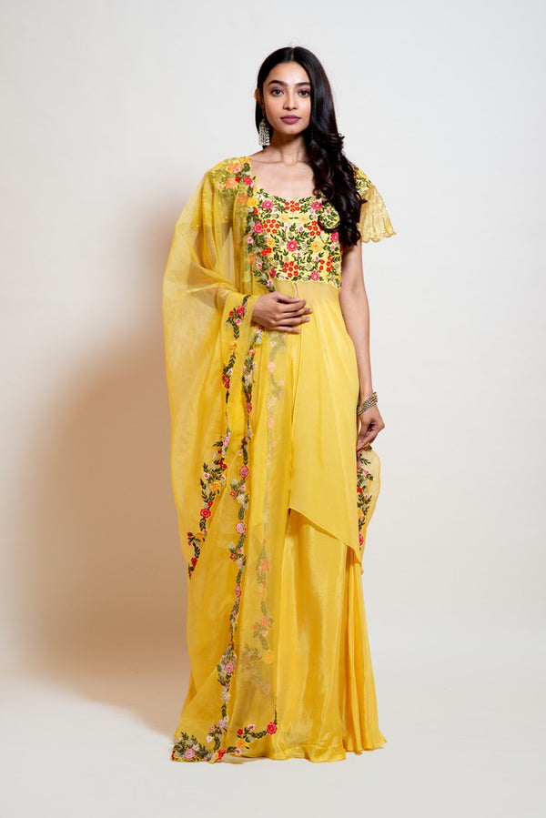 Light Yellow Orave Cut Kurta with Bell Bottom Flared Pants and Dupatta