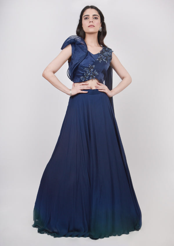 Midnight Blue structured Blouse ombre lehenga set