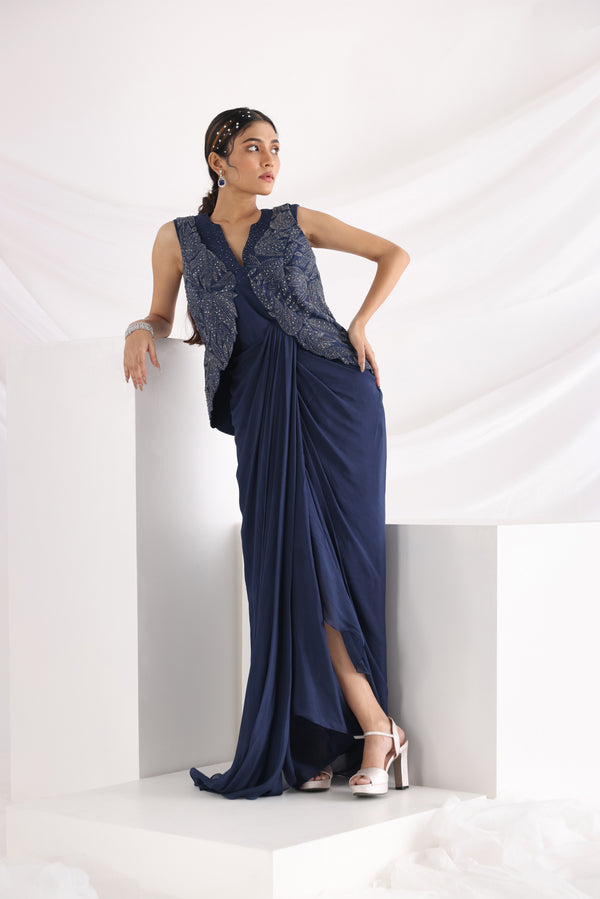 Midnight blue drape gown with jacket