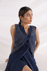 Midnight blue drape gown with jacket
