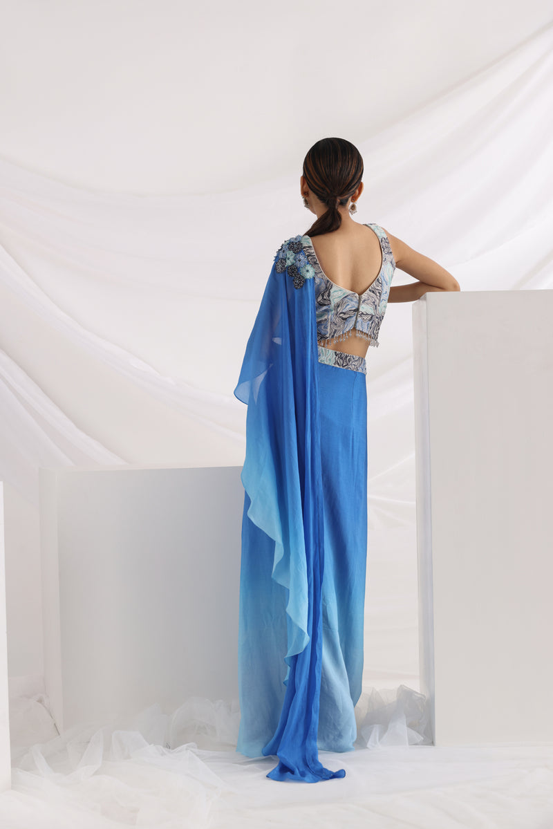 Oceanic blue drape saree set
