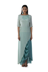 Green Rose Embroidered Asymmetrical Tunic paired with a Draped Skirt